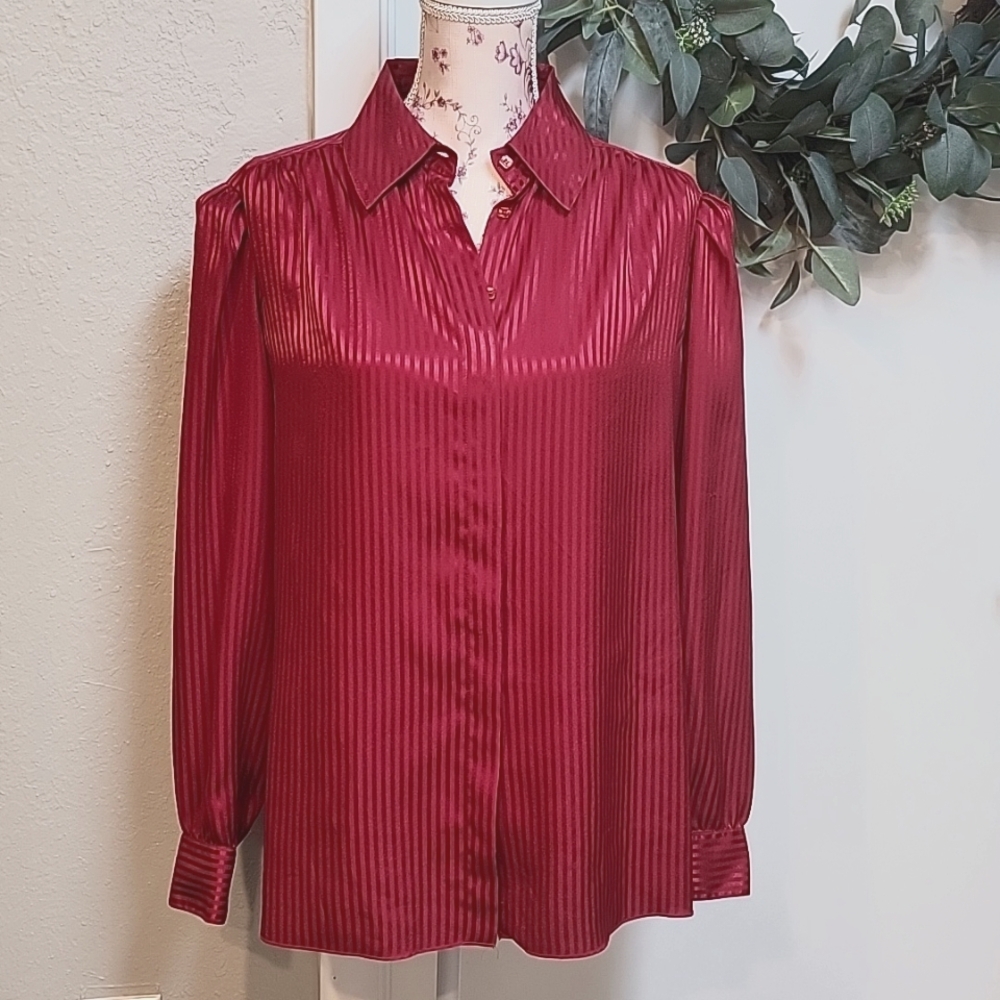 VTG | St John Tonal Striped Blouse In Cranberry